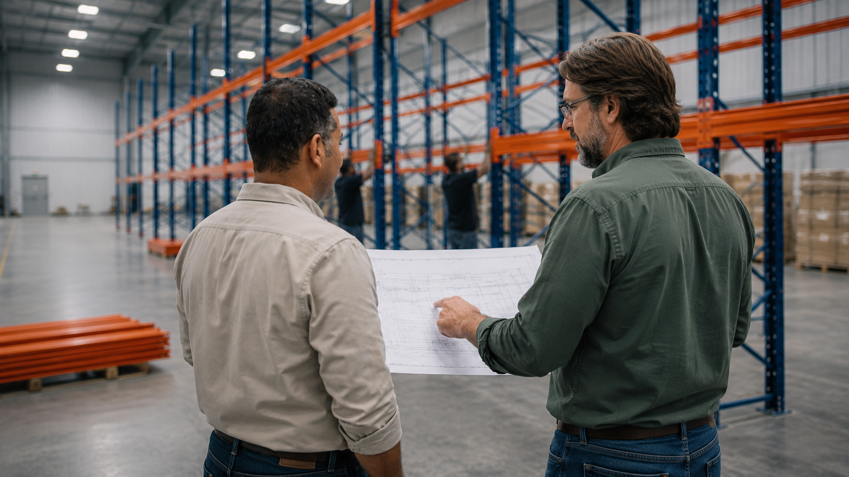 Consulting with client in warehouse while installing racking system