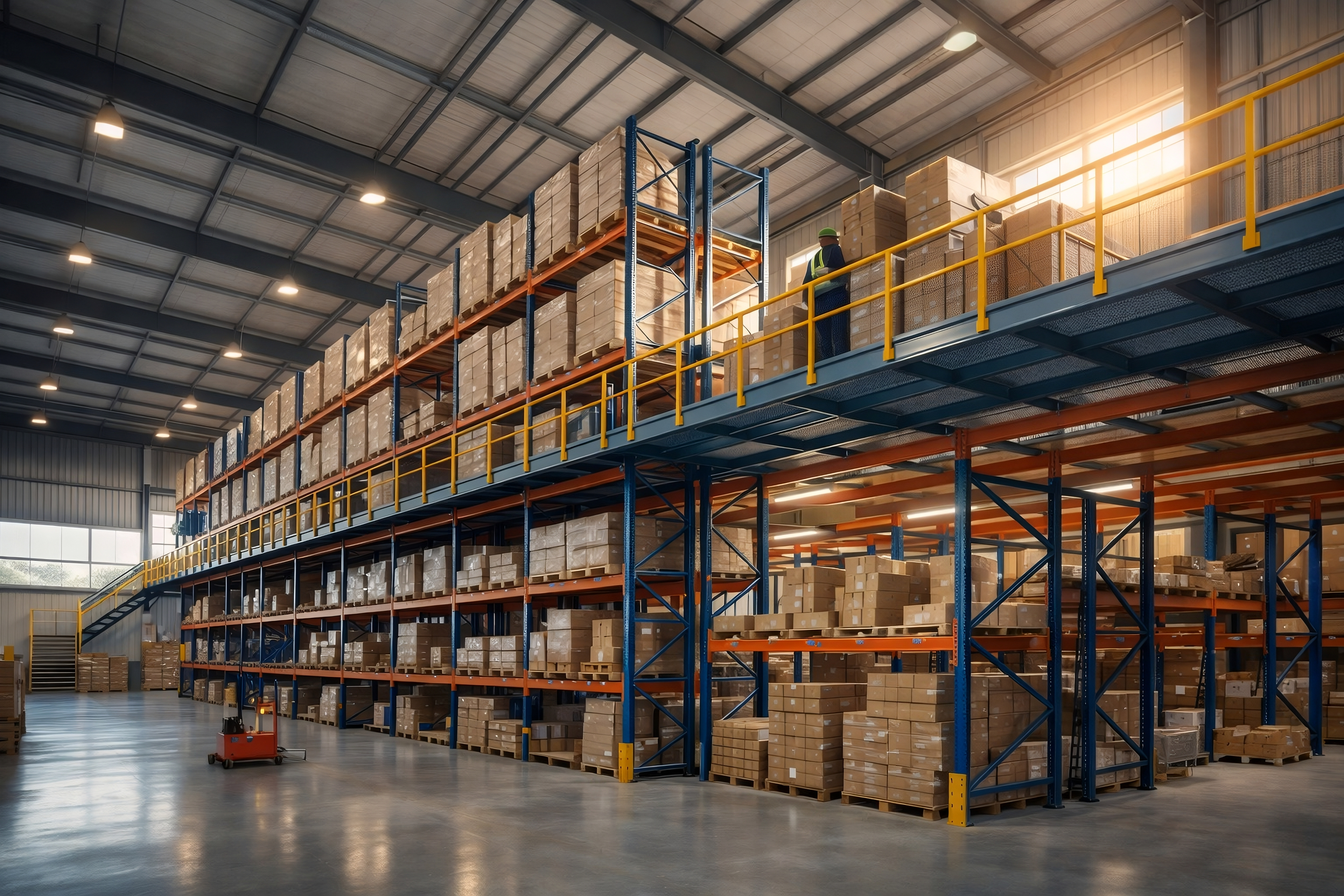 Rack-supported mezzanine floor integrated with storage racking