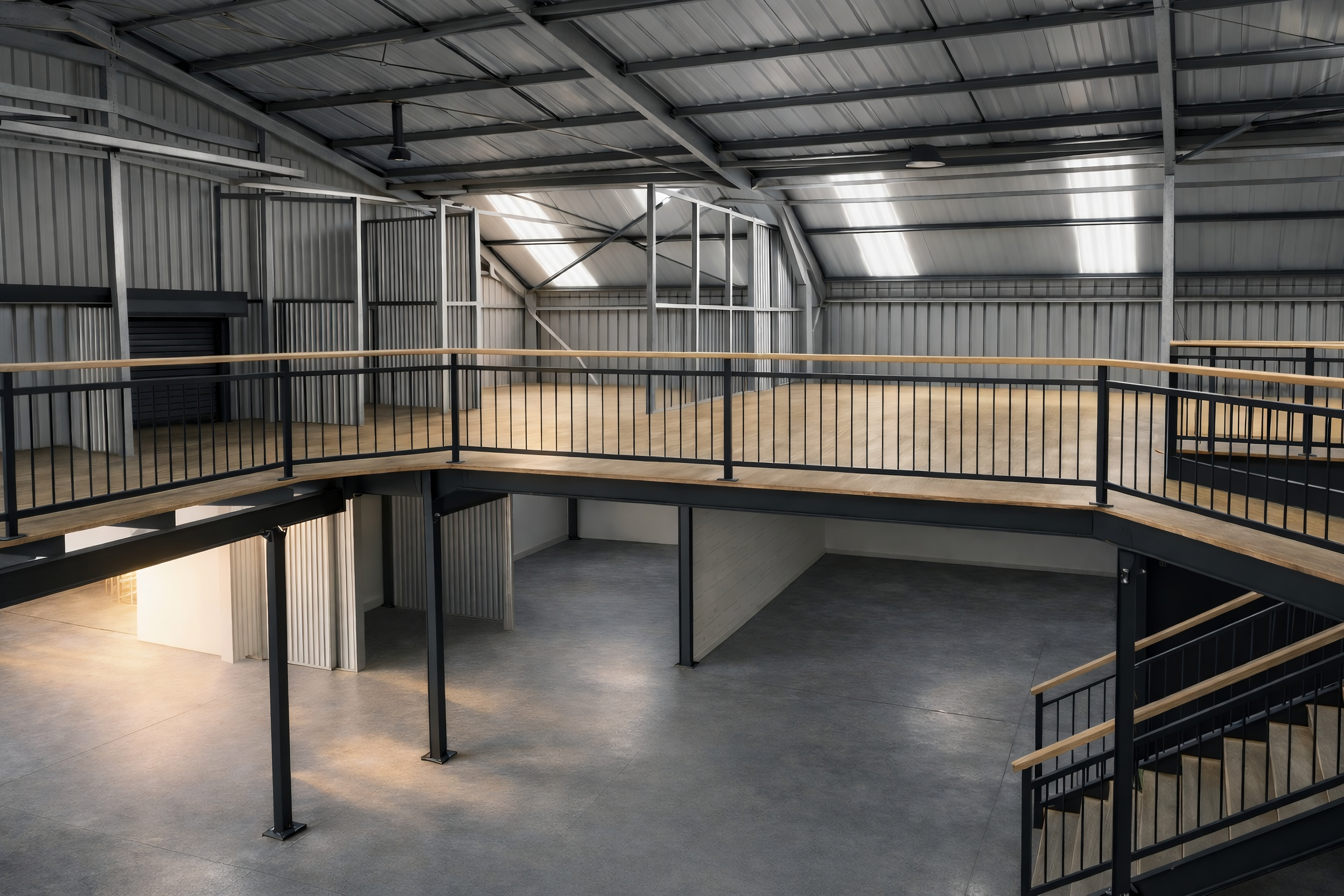 Structural mezzanine floor installed in shopping center. 