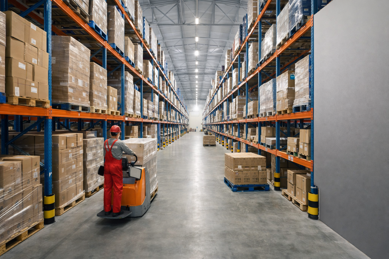 Pallet racking system installed in a warehouse storage area