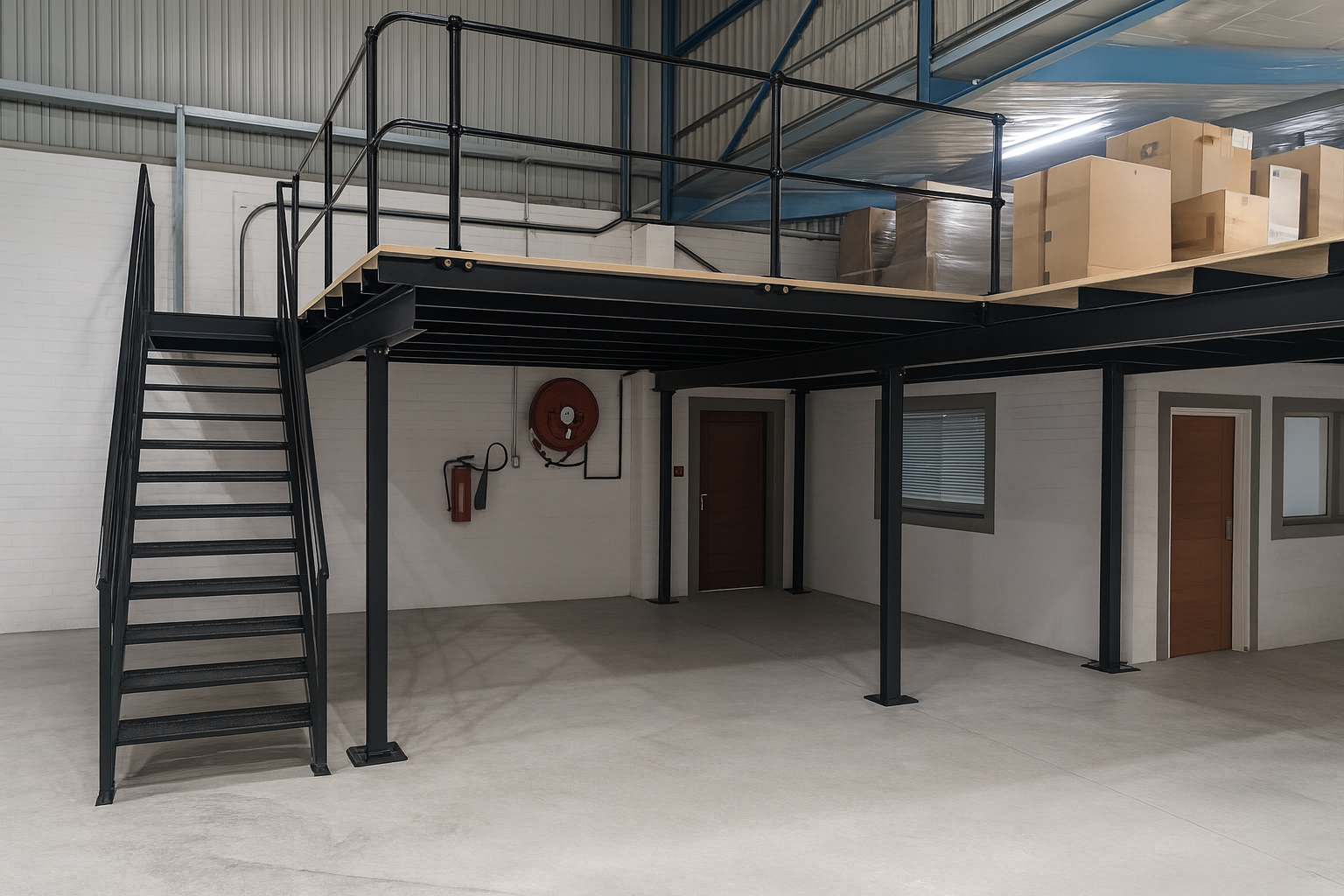 Steel mezzanine floor system installed inside a warehouse